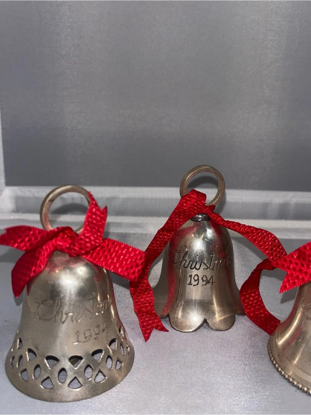 Silver Christmas Bell Ornaments handmade India (1994) - Set of 3 silver plated
